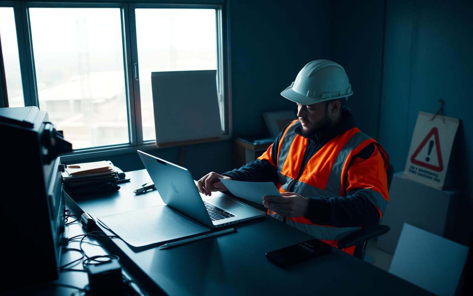 Contracts administrator reviewing documents in a site office