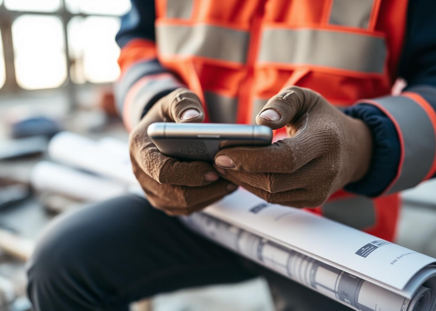 Gloved hands using a phone on site beside rolled building plans